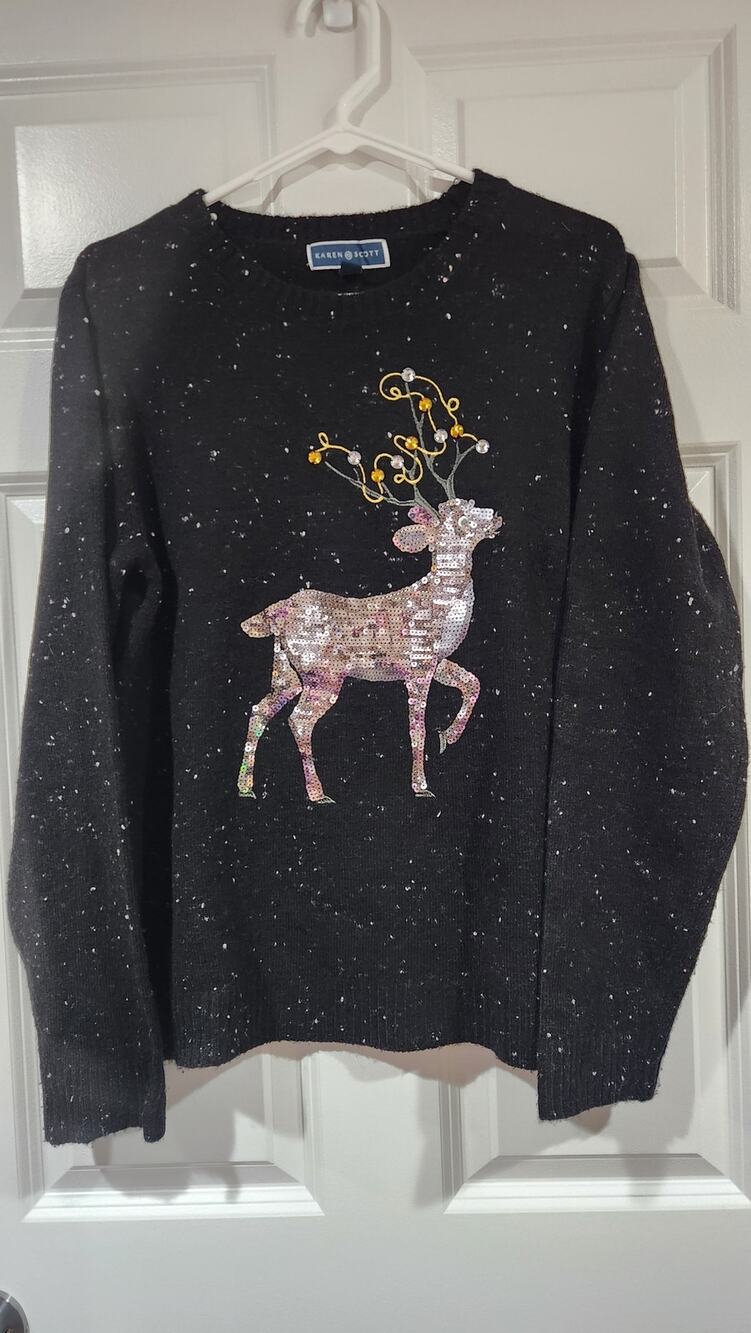 Karen Scott Women's L Christmas Sweater Black Sequin Silver Reindeer